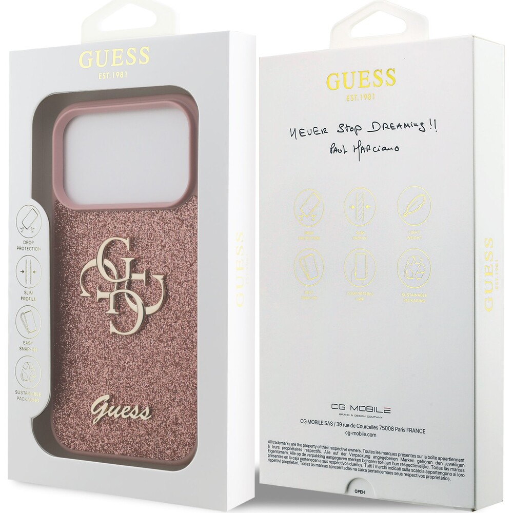 Guess-PU-Fixed-Glitter-4G-Metal-Logo-kryt-iPhone-17-Pro-ruzovy