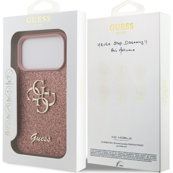Guess-PU-Fixed-Glitter-4G-Metal-Logo-kryt-iPhone-17-Pro-ruzovy