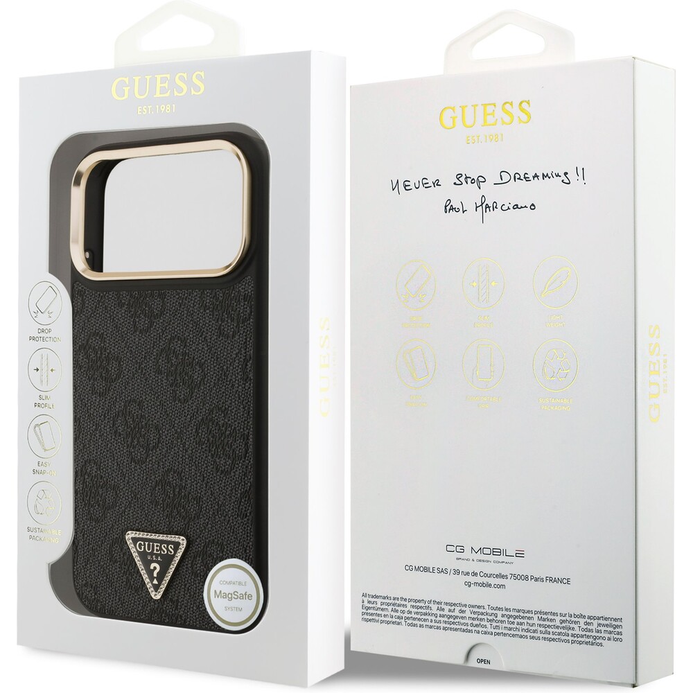 Guess-PU-Leather-4G-Triangle-Logo-Gold-Frame-MagSafe-kryt-iPhone-17-Pro-Max-cerny