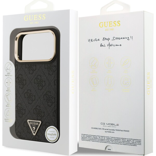 Guess-PU-Leather-4G-Triangle-Logo-Gold-Frame-MagSafe-kryt-iPhone-17-Pro-Max-cerny