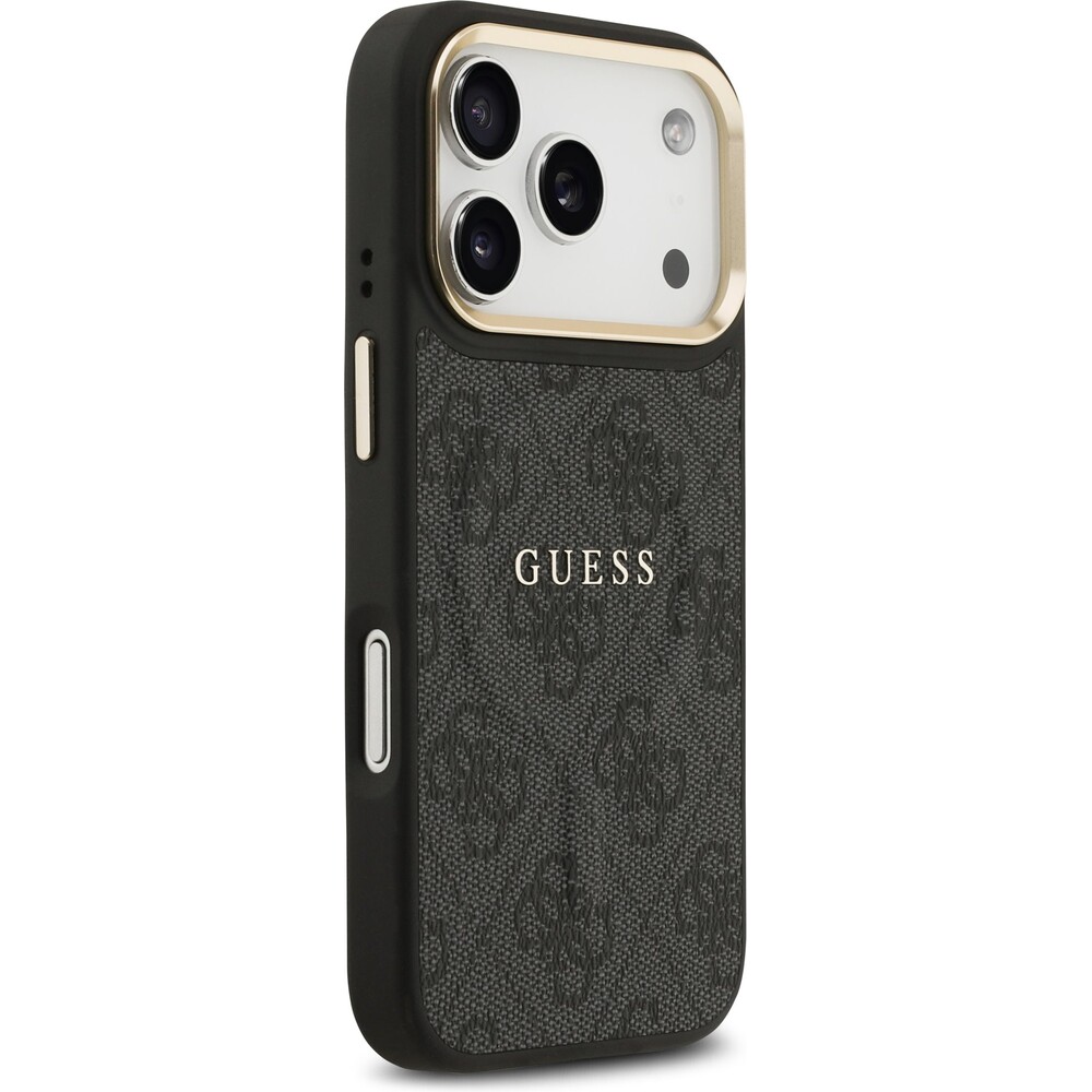 Guess-PU-Leather-4G-Gold-Frame-MagSafe-kryt-iPhone-17-Pro-cerny