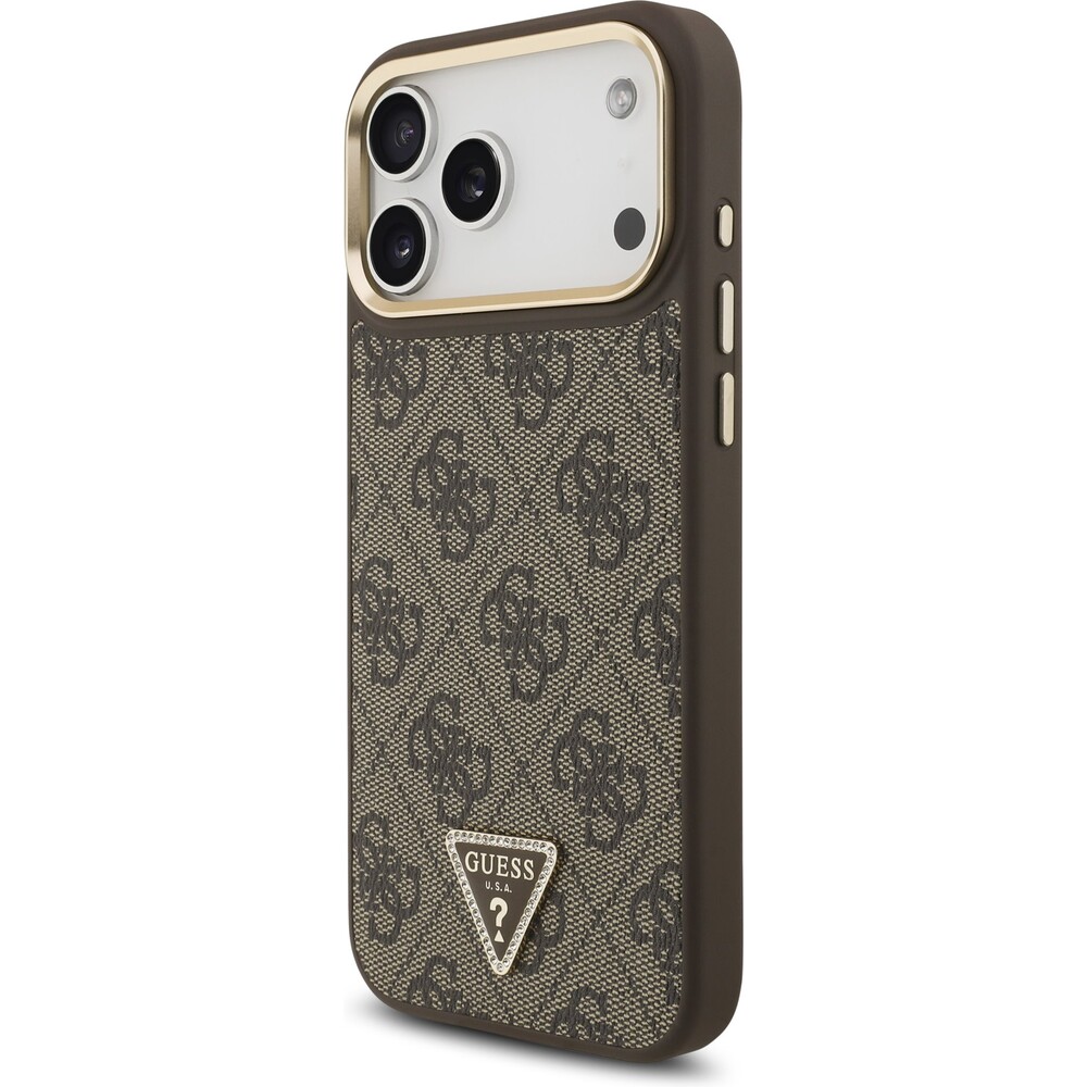 Guess-PU-Leather-4G-Triangle-Logo-Gold-Frame-MagSafe-kryt-iPhone-17-Pro-Max-hnedy
