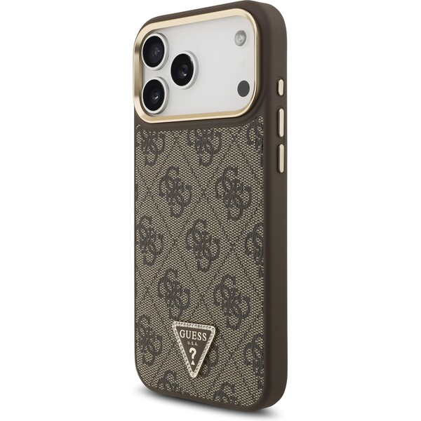 Guess-PU-Leather-4G-Triangle-Logo-Gold-Frame-MagSafe-kryt-iPhone-17-Pro-Max-hnedy