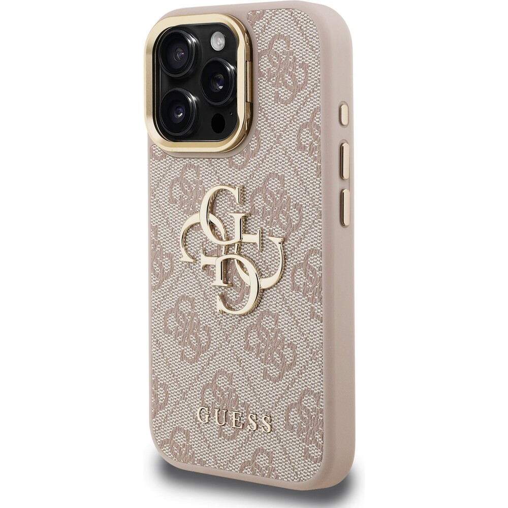Guess-PU-4G-Metal-Logo-Stand-Camera-Frame-kryt-iPhone-15-Pro-ruzovy