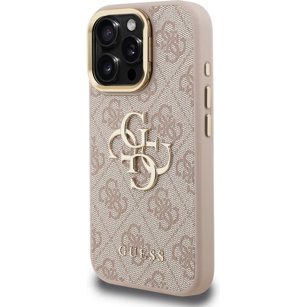 Guess-PU-4G-Metal-Logo-Stand-Camera-Frame-kryt-iPhone-15-Pro-ruzovy