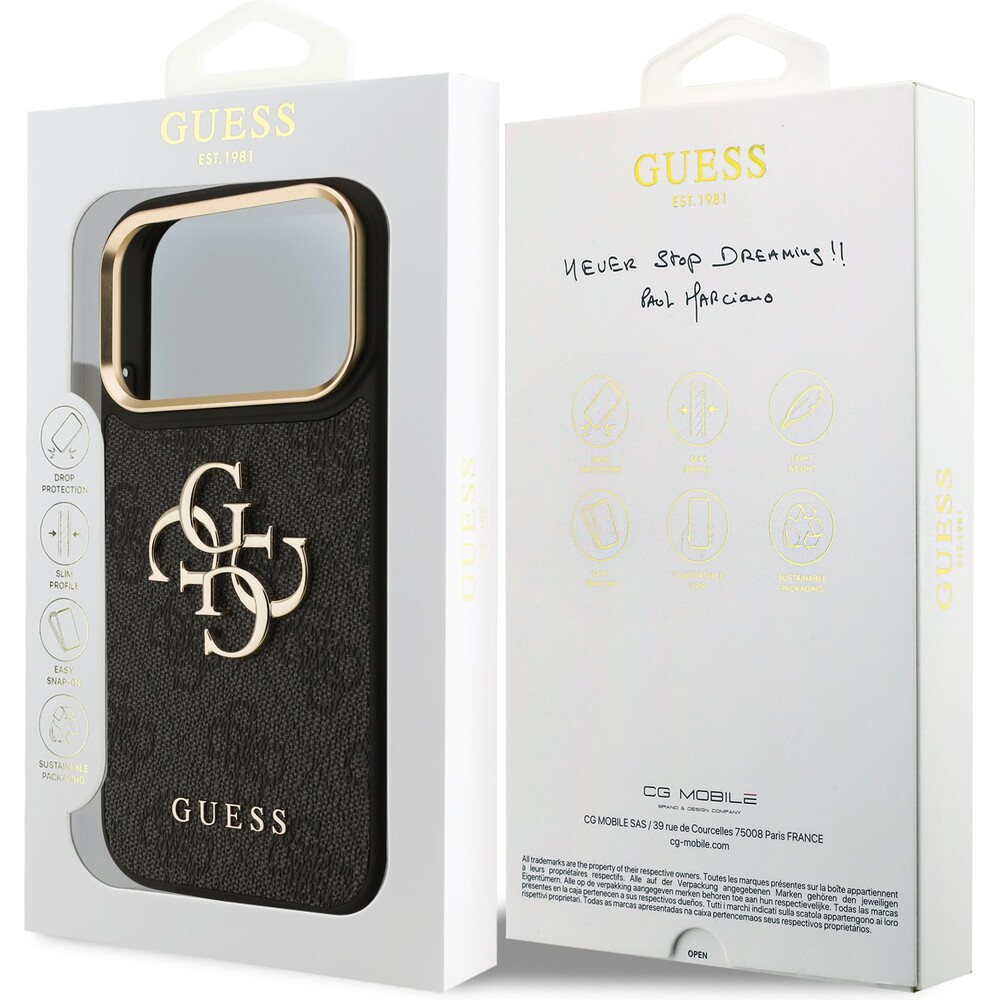 Guess-PU-Leather-4G-Metal-Logo-Gold-Frame-kryt-iPhone-17-Pro-cerny