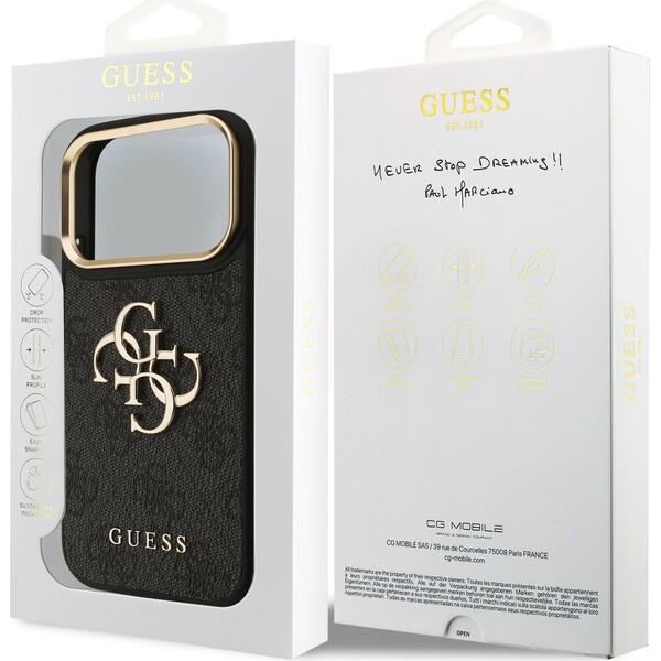 Guess-PU-Leather-4G-Metal-Logo-Gold-Frame-kryt-iPhone-17-Pro-cerny