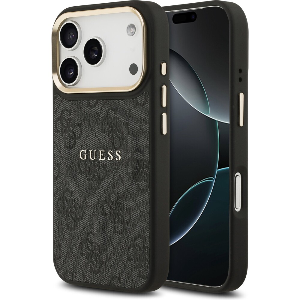 Guess-PU-Leather-4G-Gold-Frame-MagSafe-kryt-iPhone-17-Pro-cerny