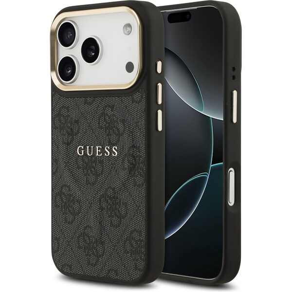 Guess-PU-Leather-4G-Gold-Frame-MagSafe-kryt-iPhone-17-Pro-cerny