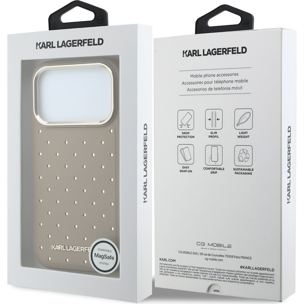 Karl-Lagerfeld-PU-Perforated-Gold-Dots-MagSafe-kryt-iPhone-17-Pro-Max-bezovy