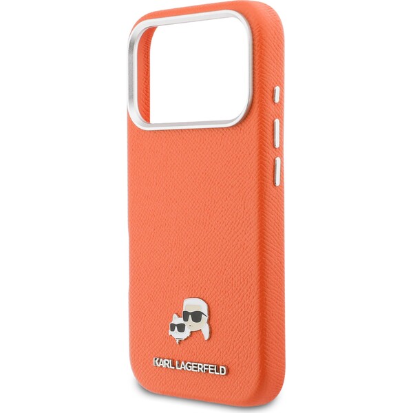 Karl-Lagerfeld-PU-Karl-and-Choupette-Heads-Pins-MagSafe-kryt-iPhone-17-Pro-Max-oranzovy