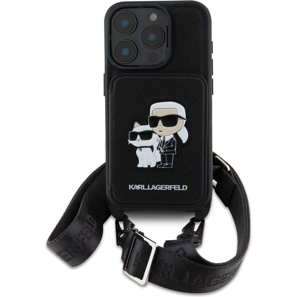 Karl-Lagerfeld-Saffiano-Crossbody-Popruh-Karl-and-Choupette-kryt-pro-iPhone-16-Pro-cerny