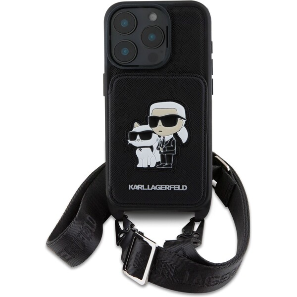 Karl-Lagerfeld-Saffiano-Crossbody-Popruh-Karl-and-Choupette-kryt-pro-iPhone-16-Pro-cerny