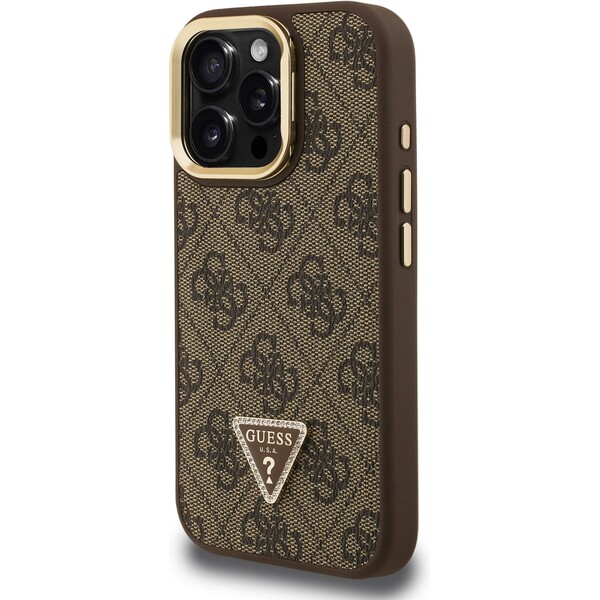 Guess-PU-4G-Strass-Triangle-Logo-Stand-Camera-Frame-MagSafe-kryt-iPhone-16-Pro-hnedy