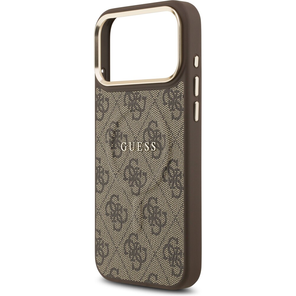 Guess-PU-Leather-4G-Gold-Frame-MagSafe-kryt-iPhone-17-Pro-Max-hnedy
