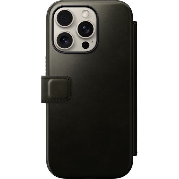 Nomad-Modern-Leather-Folio-MagSafe-pouzdro-iPhone-16-Pro-zelene-chromovane
