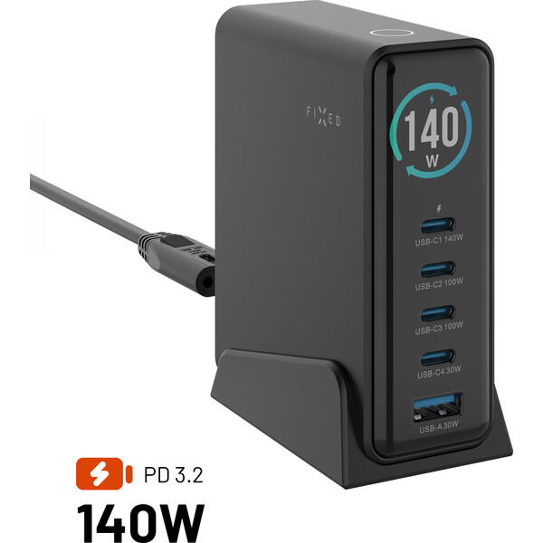 FIXED-GaN-nabijeci-stanice-s-displejem-USB-C-a-USB-PD-3-2-140W-cerna