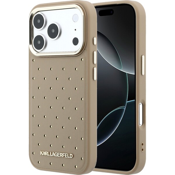 Karl-Lagerfeld-PU-Perforated-Gold-Dots-MagSafe-kryt-iPhone-17-Pro-Max-bezovy