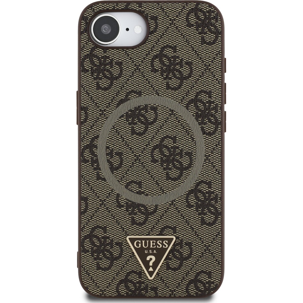 Guess-PU-4G-Strass-Triangle-Metal-Logo-kryt-iPhone-17e-16e-hnedy