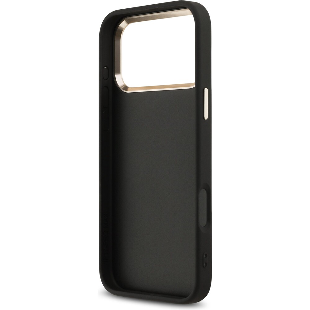 Guess-PU-Leather-4G-Metal-Logo-Gold-Frame-MagSafe-kryt-iPhone-17-Pro-Max-cerny