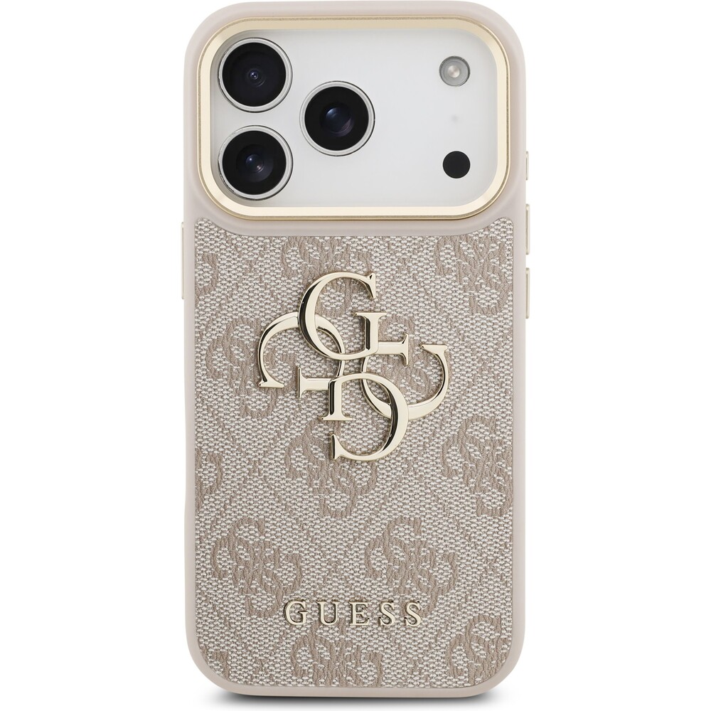 Guess-PU-Leather-4G-Metal-Logo-Gold-Frame-kryt-iPhone-17-Pro-ruzovy