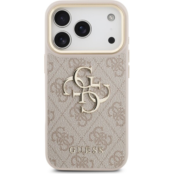Guess-PU-Leather-4G-Metal-Logo-Gold-Frame-kryt-iPhone-17-Pro-ruzovy