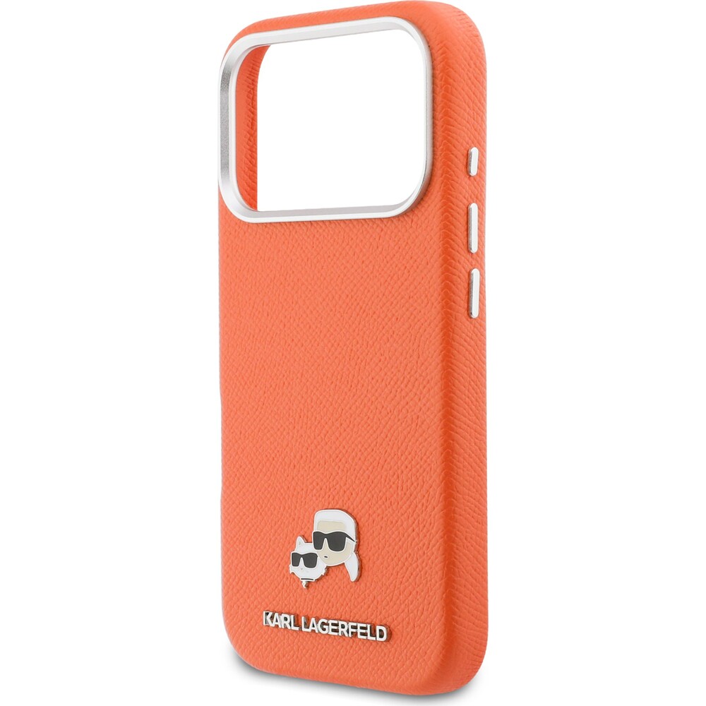 Karl-Lagerfeld-PU-Karl-and-Choupette-Heads-Pins-MagSafe-kryt-iPhone-17-Pro-oranzovy