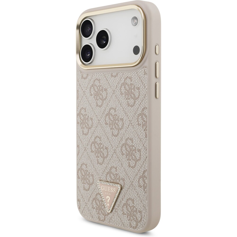 Guess-PU-Leather-4G-Triangle-Logo-Gold-Frame-MagSafe-kryt-iPhone-17-Pro-Max-ruzovy