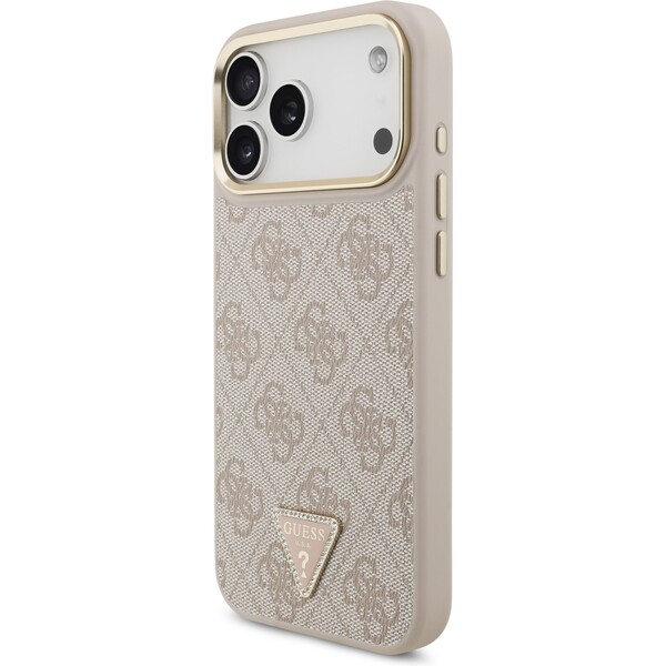 Guess-PU-Leather-4G-Triangle-Logo-Gold-Frame-MagSafe-kryt-iPhone-17-Pro-Max-ruzovy
