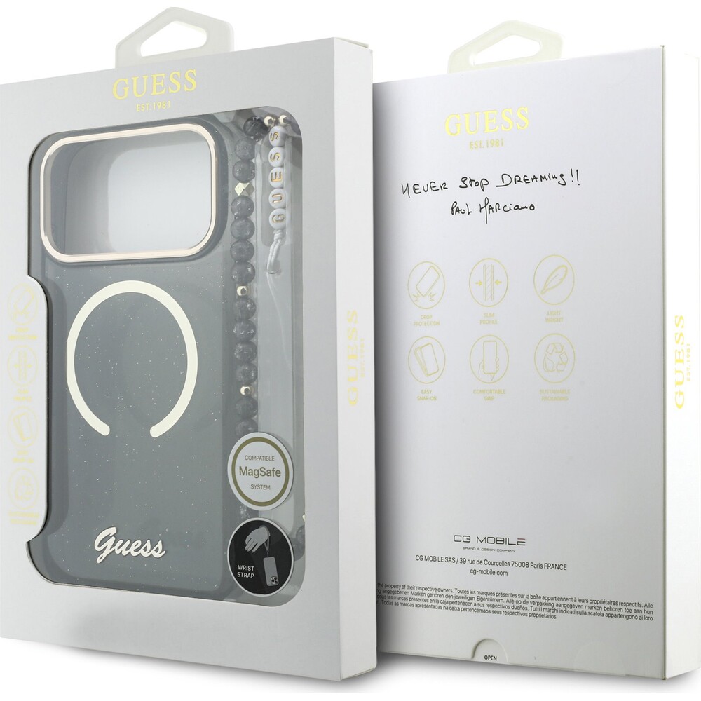 Guess-IML-Glitter-Script-Strap-MagSafe-kryt-iPhone-17-Pro-Max-cerny