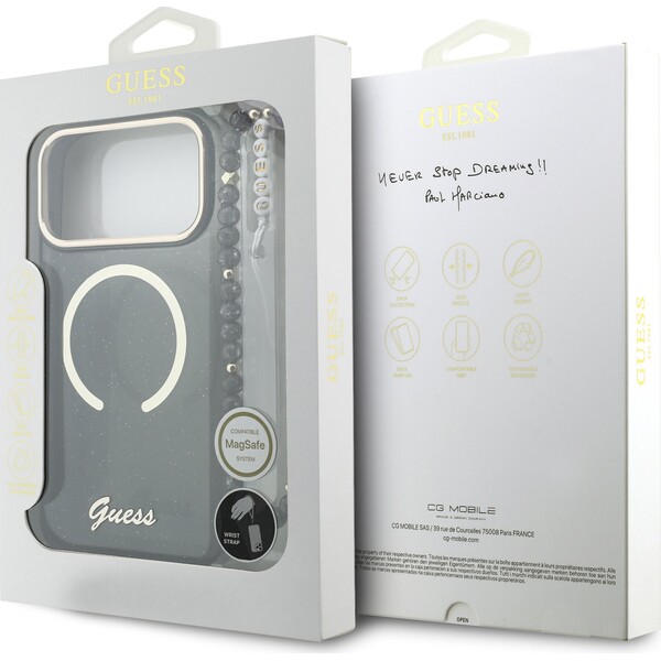 Guess-IML-Glitter-Script-Strap-MagSafe-kryt-iPhone-17-Pro-Max-cerny