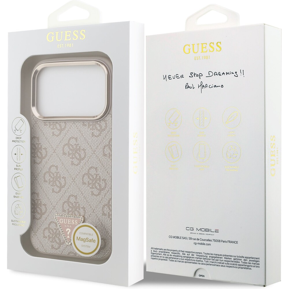 Guess-PU-Leather-4G-Triangle-Logo-Gold-Frame-MagSafe-kryt-iPhone-17-Pro-ruzovy