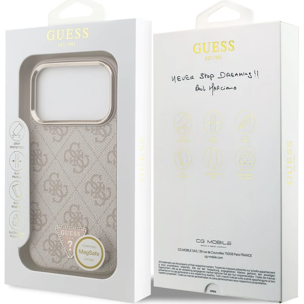 Guess-PU-Leather-4G-Triangle-Logo-Gold-Frame-MagSafe-kryt-iPhone-17-Pro-ruzovy