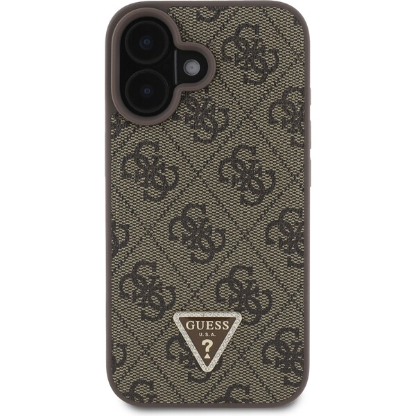 Guess-PU-4G-Strass-Triangle-Metal-Logo-kryt-Crossbody-Popruh-pro-iPhone-16-hnedy