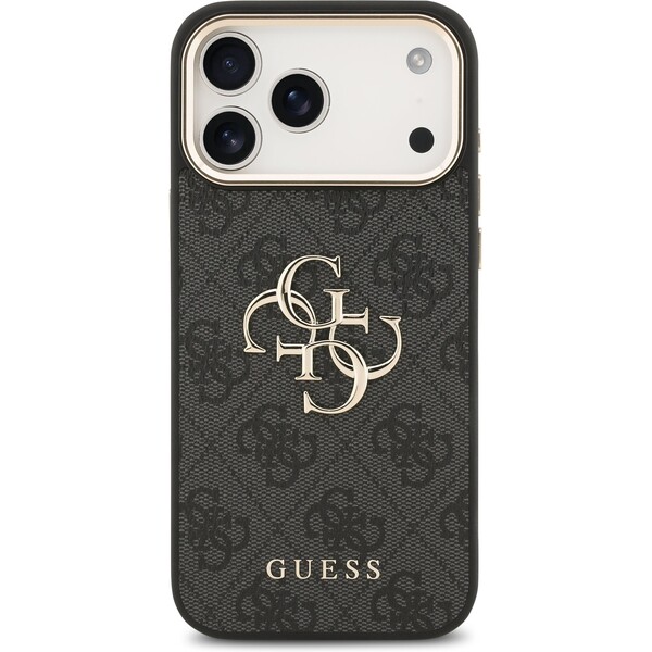 Guess-PU-Leather-4G-Metal-Logo-Gold-Frame-MagSafe-kryt-iPhone-17-Pro-Max-cerny