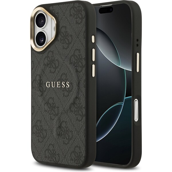 Guess-PU-Leather-4G-Gold-Frame-MagSafe-kryt-iPhone-17-cerny