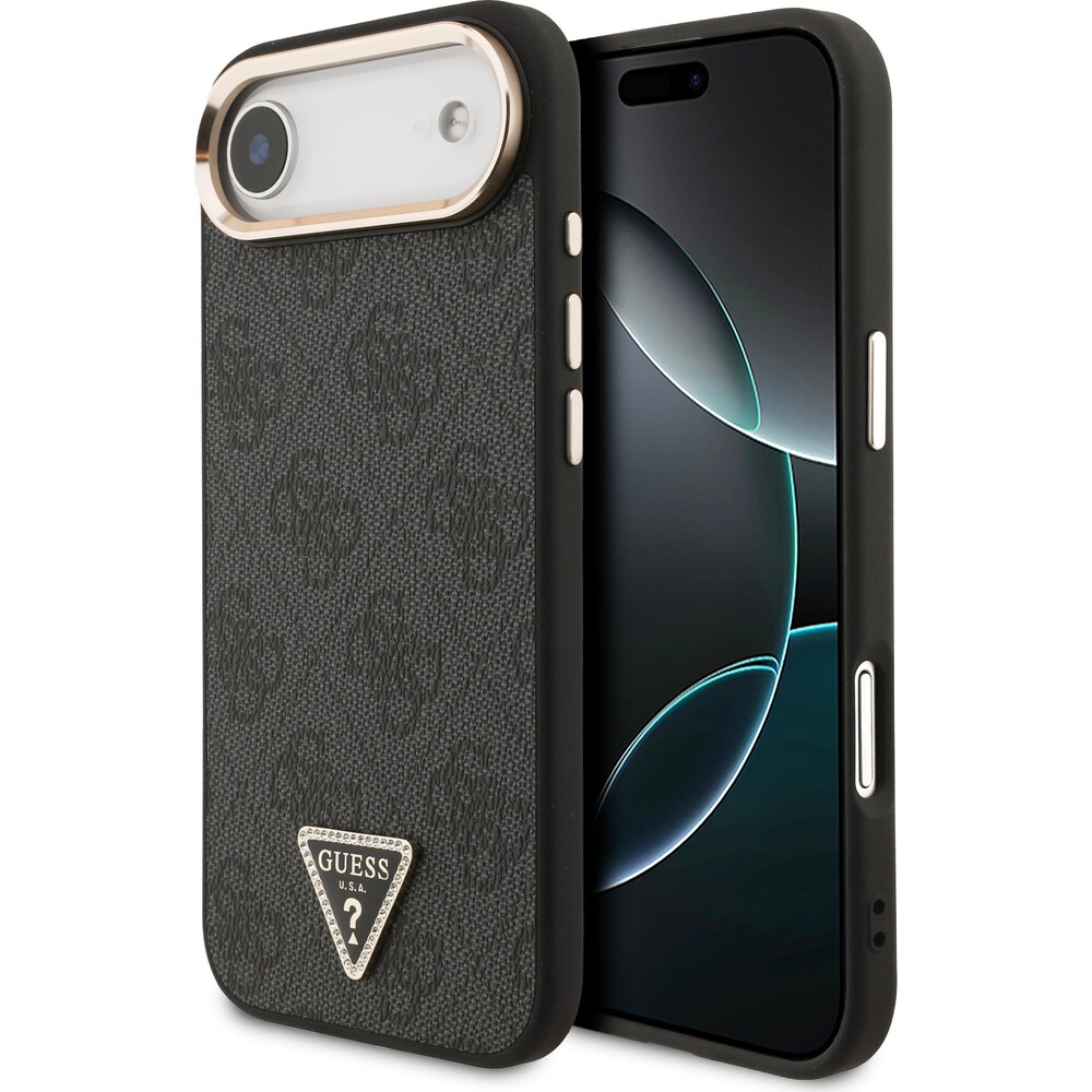 Guess-PU-Leather-4G-Triangle-Logo-Gold-Frame-MagSafe-kryt-iPhone-Air-cerny