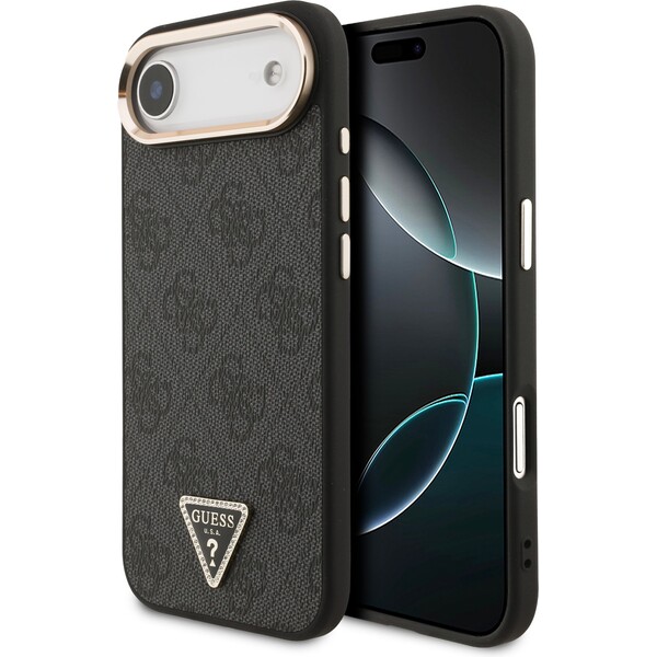 Guess-PU-Leather-4G-Triangle-Logo-Gold-Frame-MagSafe-kryt-iPhone-Air-cerny