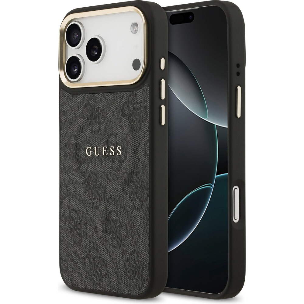 Guess-PU-Leather-4G-Gold-Frame-MagSafe-kryt-iPhone-17-Pro-Max-cerny