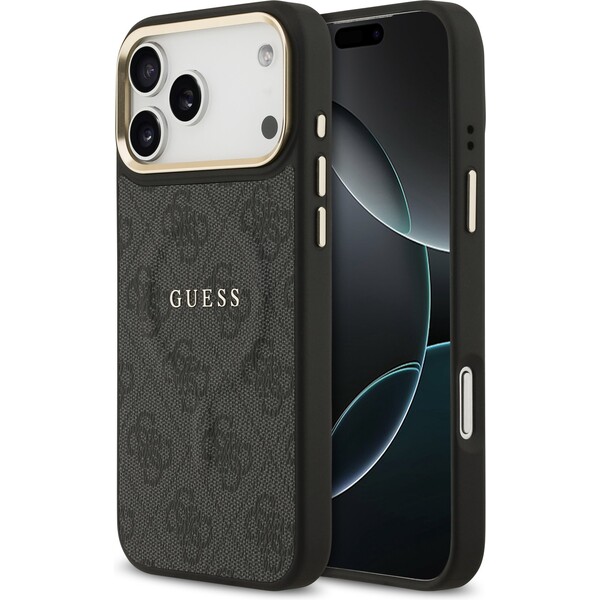 Guess-PU-Leather-4G-Gold-Frame-MagSafe-kryt-iPhone-17-Pro-Max-cerny