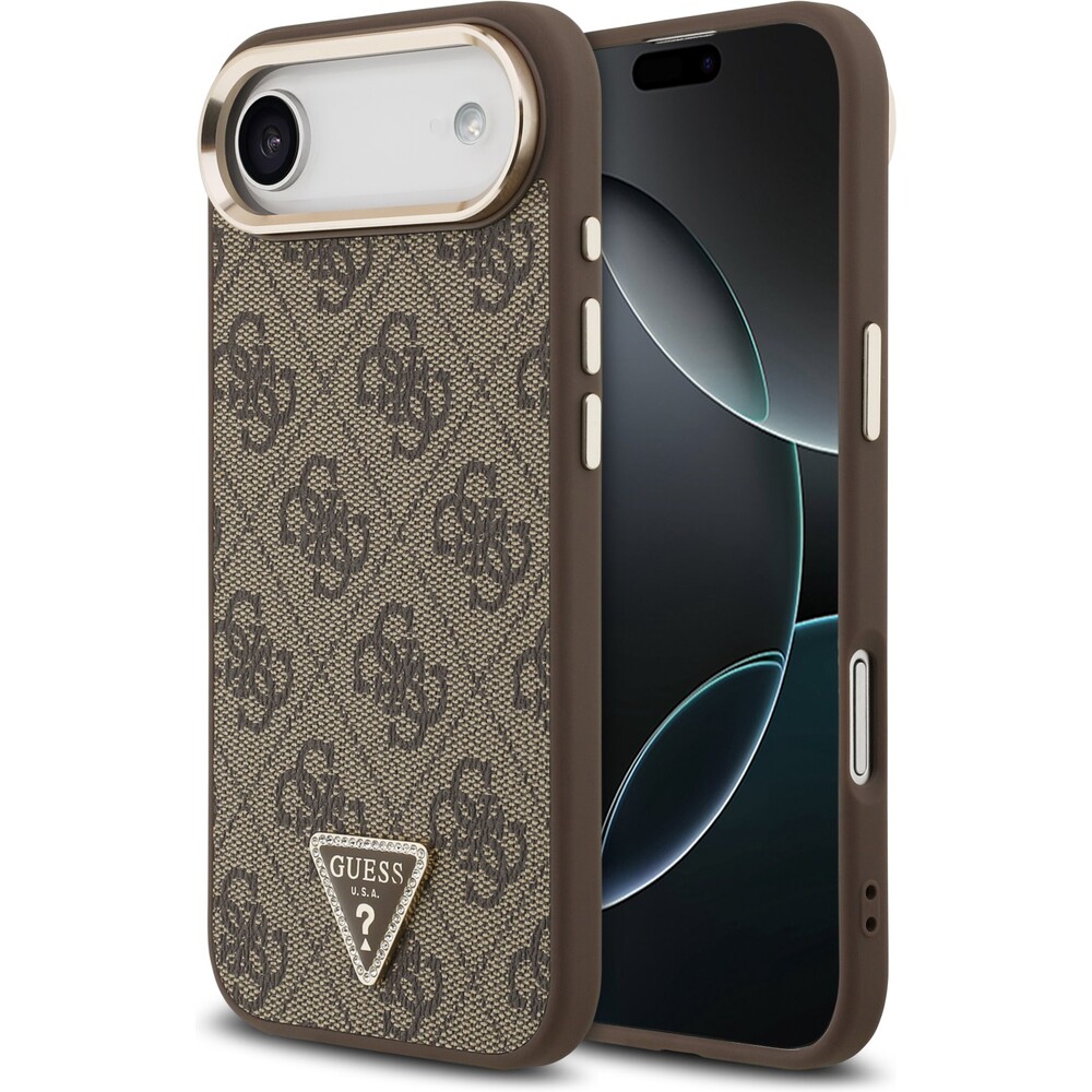 Guess-PU-Leather-4G-Triangle-Logo-Gold-Frame-MagSafe-kryt-iPhone-Air-hnedy