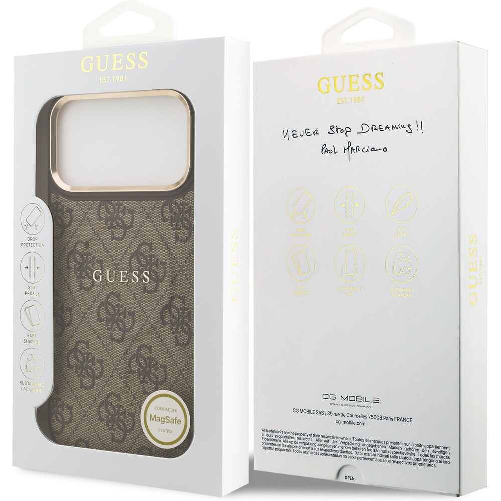 Guess-PU-Leather-4G-Gold-Frame-MagSafe-kryt-iPhone-17-Pro-Max-hnedy
