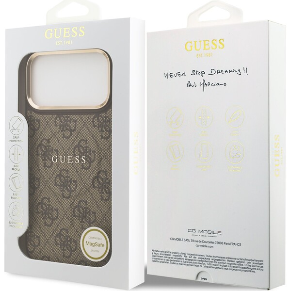 Guess-PU-Leather-4G-Gold-Frame-MagSafe-kryt-iPhone-17-Pro-Max-hnedy