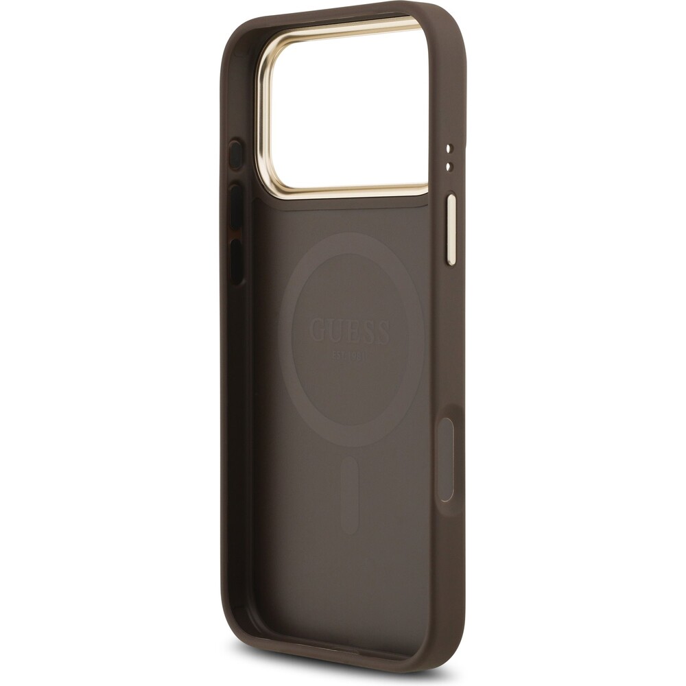 Guess-PU-Leather-4G-Gold-Frame-MagSafe-kryt-iPhone-17-Pro-Max-hnedy