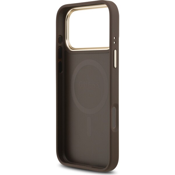 Guess-PU-Leather-4G-Gold-Frame-MagSafe-kryt-iPhone-17-Pro-Max-hnedy