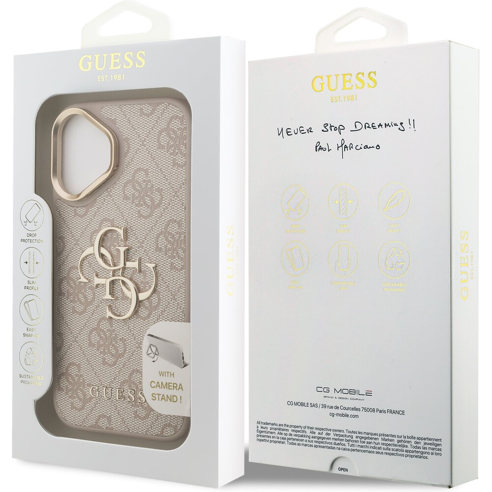 Guess-PU-4G-Metal-Logo-Stand-Camera-Frame-kryt-iPhone-16-ruzovy