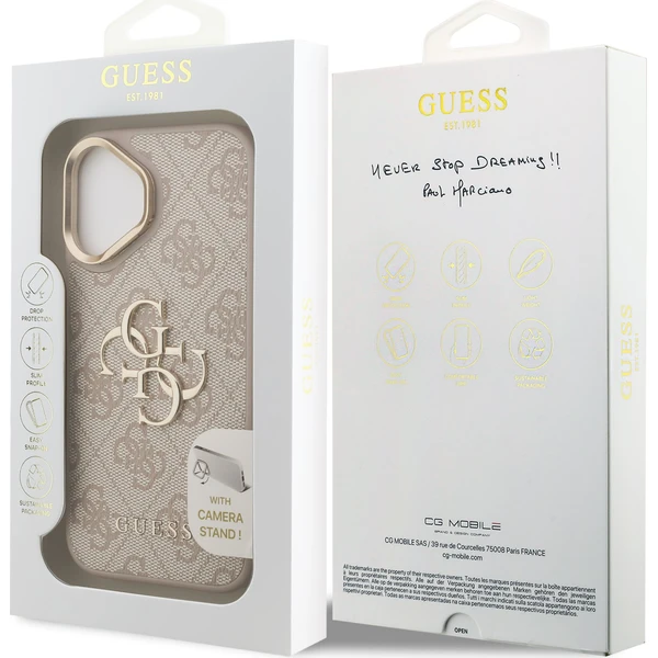 Guess-PU-4G-Metal-Logo-Stand-Camera-Frame-kryt-iPhone-16-ruzovy