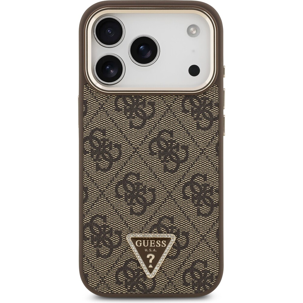 Guess-PU-Leather-4G-Triangle-Logo-Gold-Frame-MagSafe-kryt-iPhone-17-Pro-hnedy