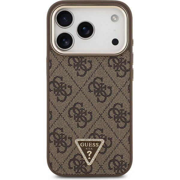 Guess-PU-Leather-4G-Triangle-Logo-Gold-Frame-MagSafe-kryt-iPhone-17-Pro-hnedy