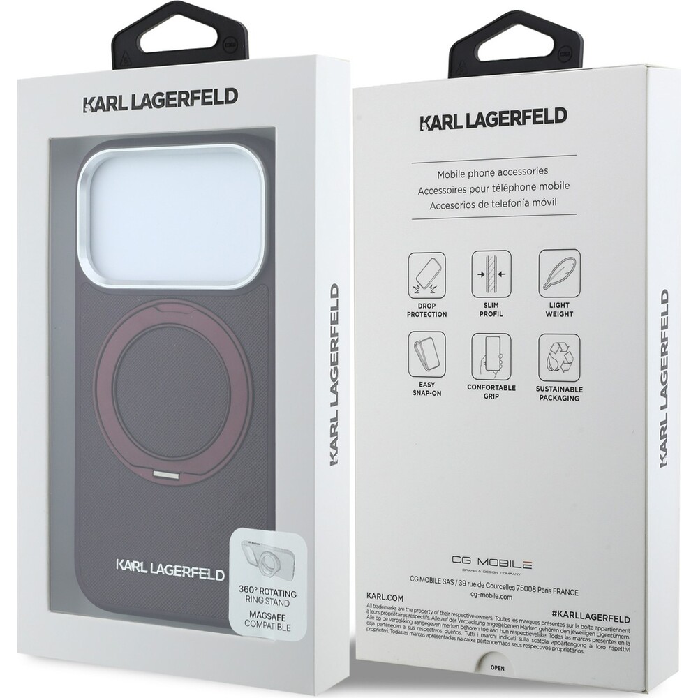 Karl-Lagerfeld-PU-Saffiano-Ring-Stand-MagSafe-kryt-iPhone-18-Pro-Max-vinovy